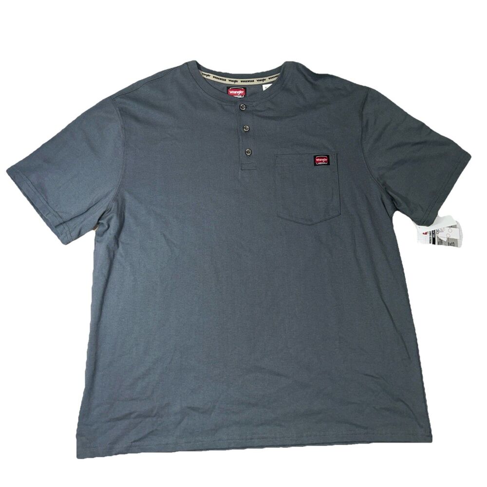 Wrangler Workwear Mens Henley T-Shirt XL X-Large (46-48) Gray Short Sleeve